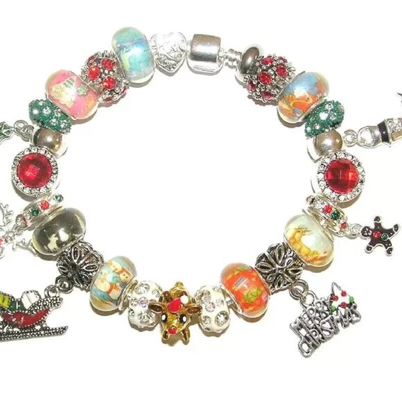 Christmas, Holiday Cheer European Charm Bracelet With Reindeer, Gingerbread Man+ - Picture 1 of 5